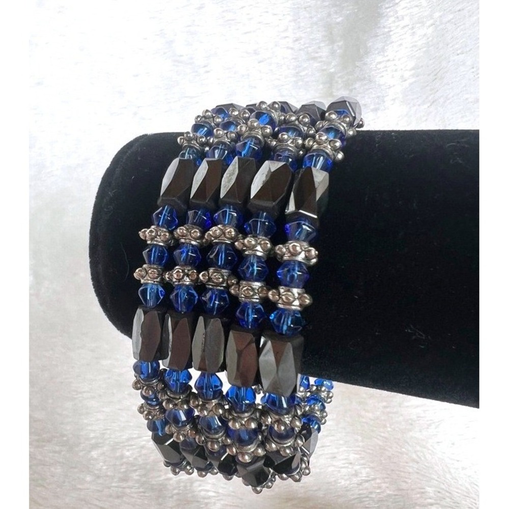 Vintage Magnetic Hematite Cobalt Blue Beaded Wrap Bracelet Cuff Y2K Festival